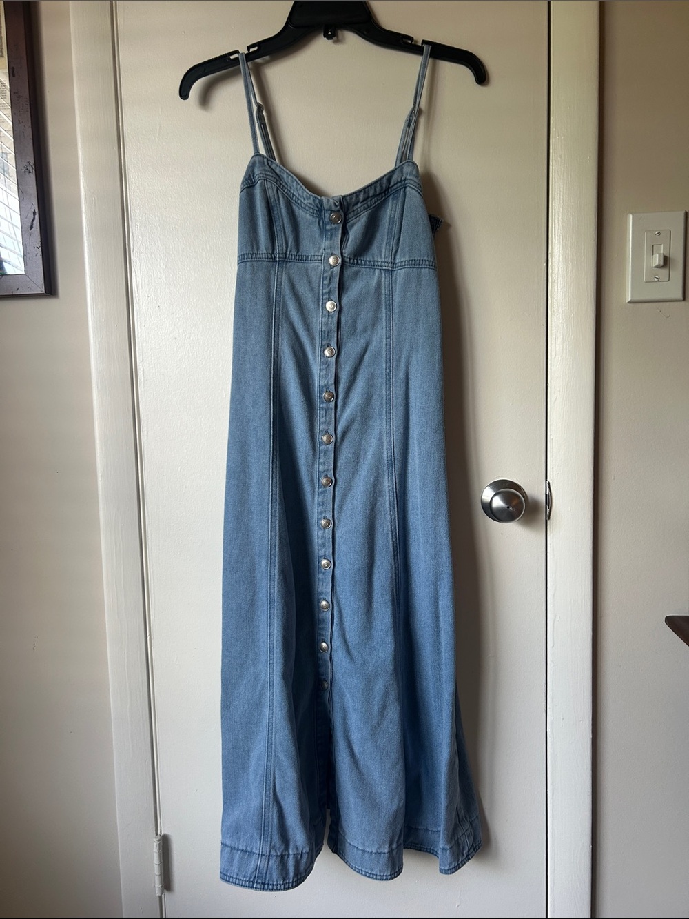 Light Wash Denim Button-Front Maxi Dress